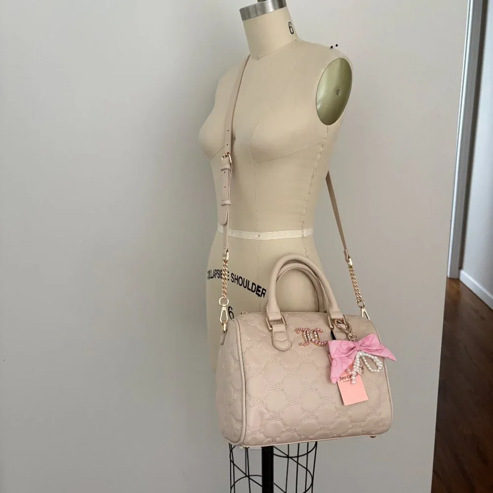 Juicy Couture Tie The Knot Satchel Sandstone Pink Bow Faux Pearl Charm Chic
